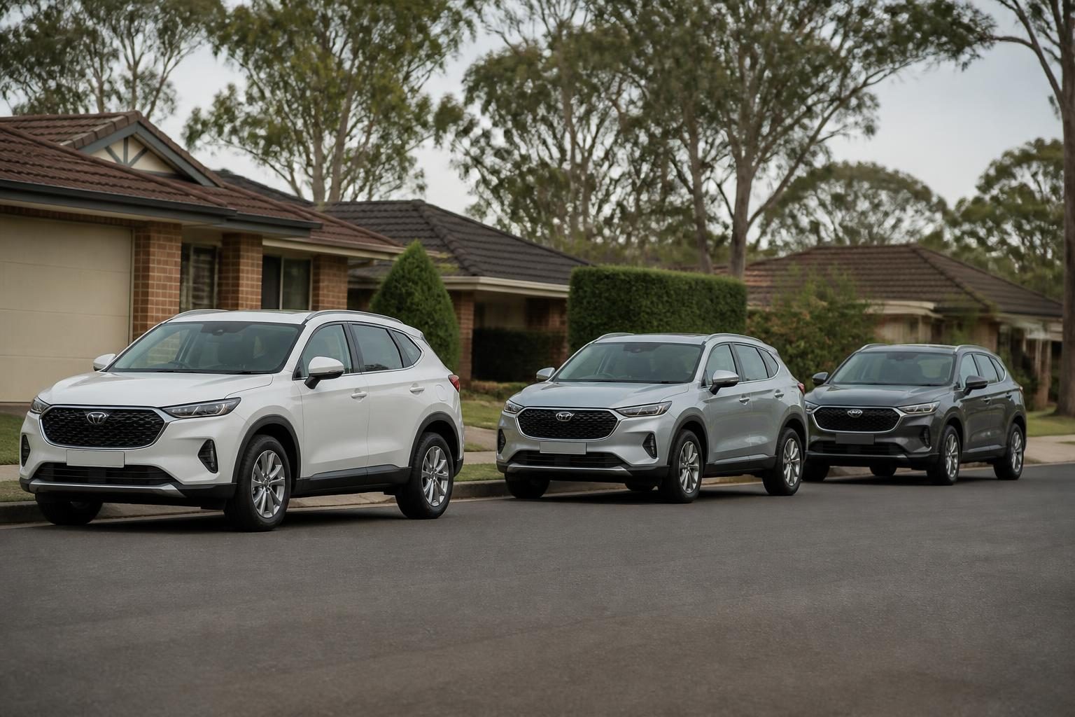 White, silver and dark grey SUVs parked beside brick suburban homes and gum trees.