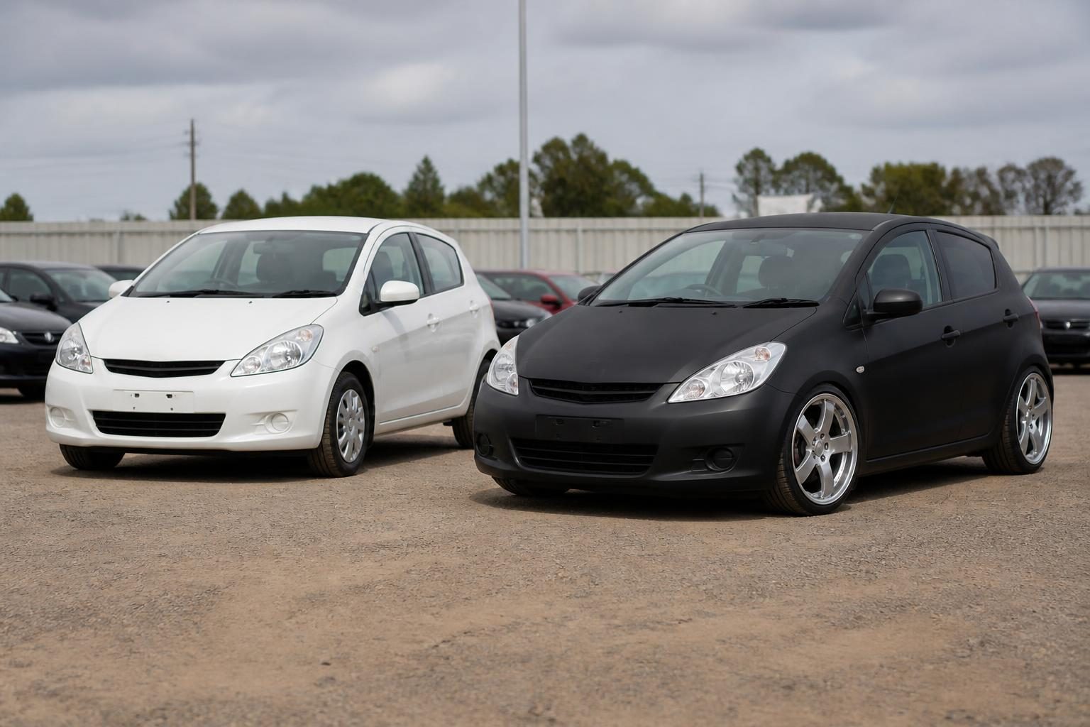 White stock hatchback beside a black lowered hatchback with oversized chrome wheels in a car yard.