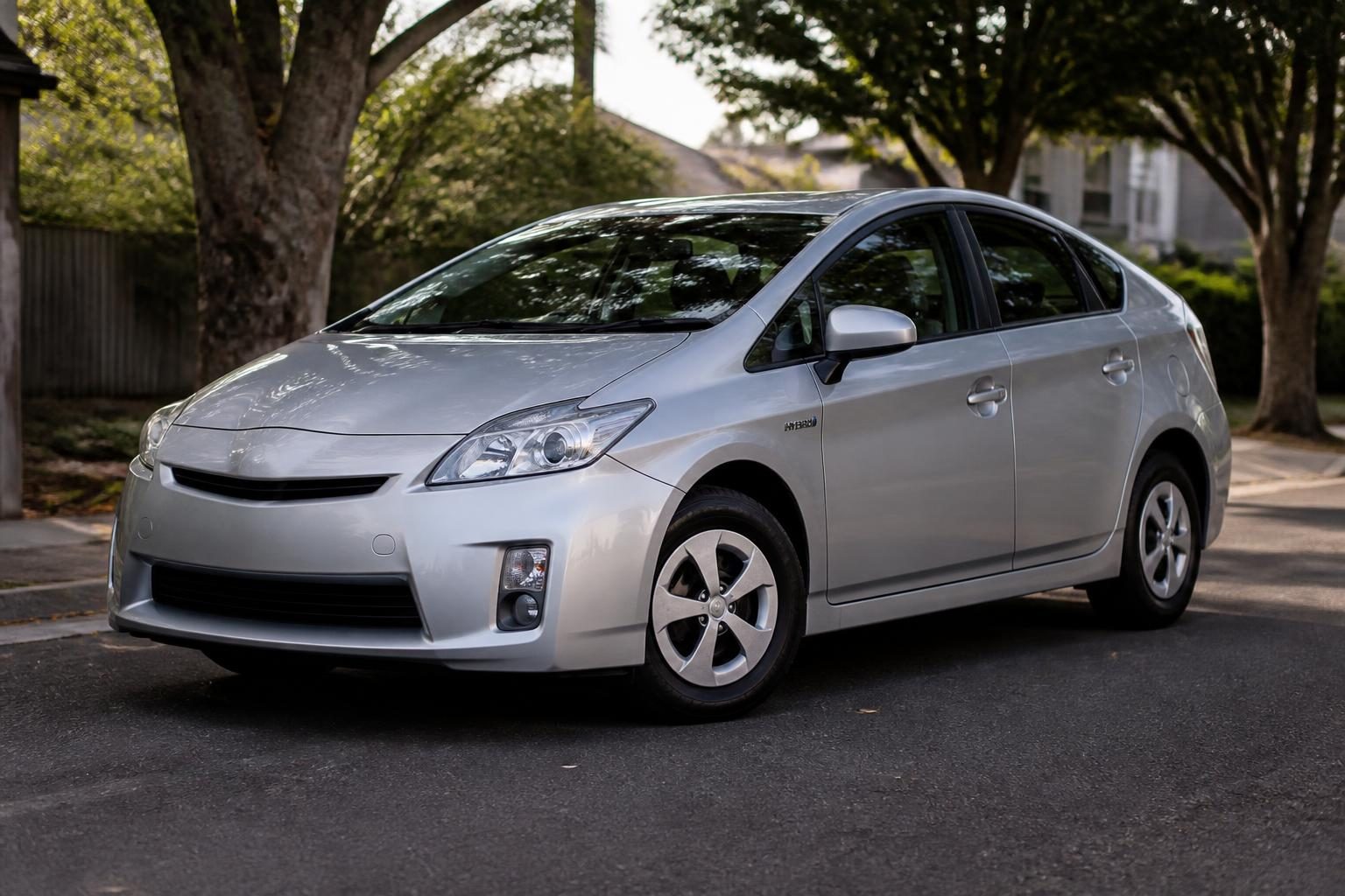 Silver Toyota Prius hybrid hatchback parked on a quiet tree-lined suburban street.