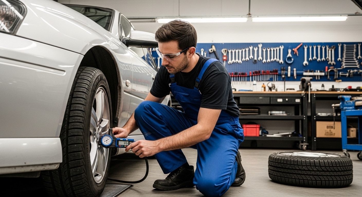 A mechanic checks tyre tread and tyre pressure on a family car before a long drive.