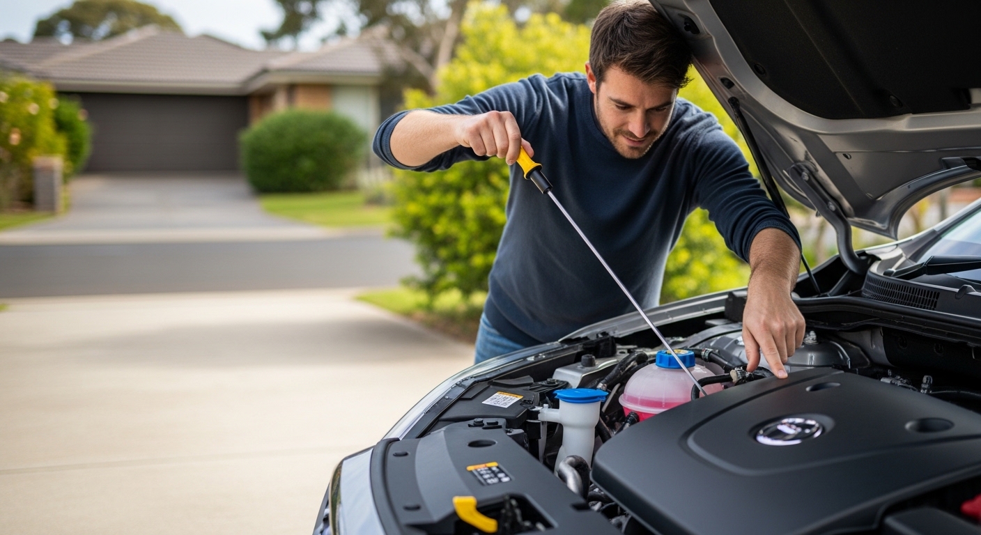 A driver checks engine oil, coolant and washer fluid under the bonnet before a road trip.