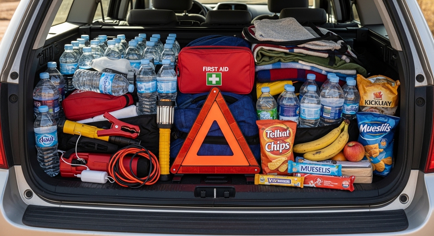 An open boot shows a road-trip emergency kit packed with water, first aid gear and charging cables.