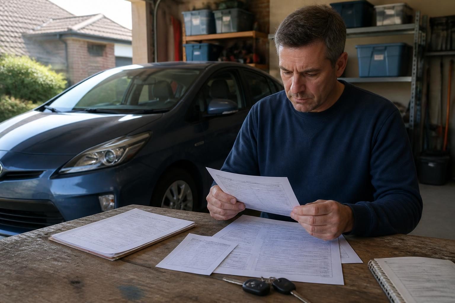 Man reviews service paperwork at a garage workbench beside keys, with a blue car behind him.