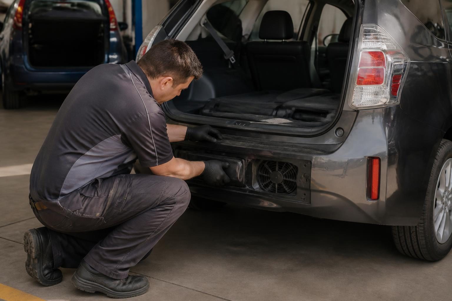 Technician kneels beside an open hybrid car hatch, inspecting a rear cooling fan vent.