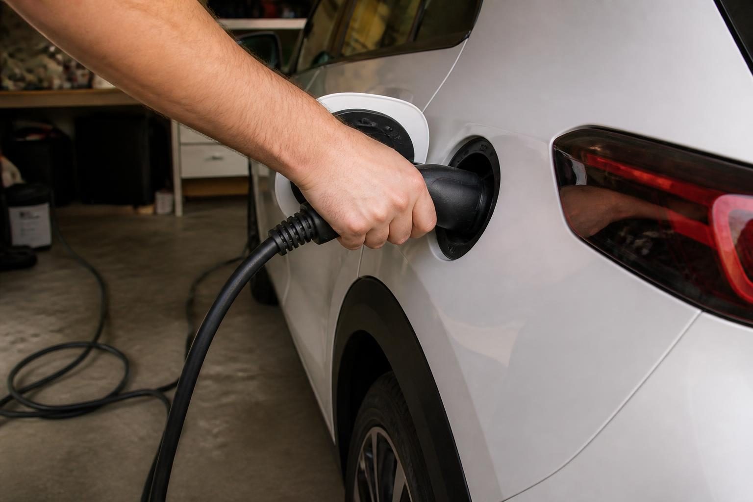 Hand inserting a charging connector into the rear port of a white electric hatchback in a garage.