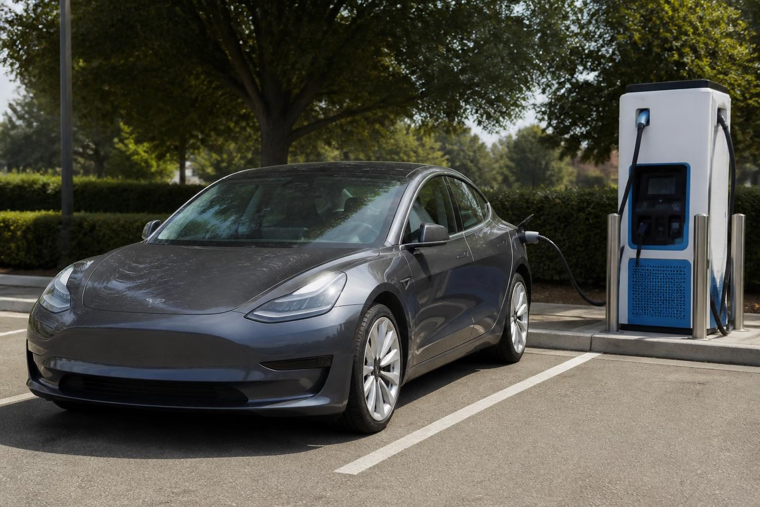 Gray electric sedan plugged into a public charger in a tree-lined outdoor parking lot.
