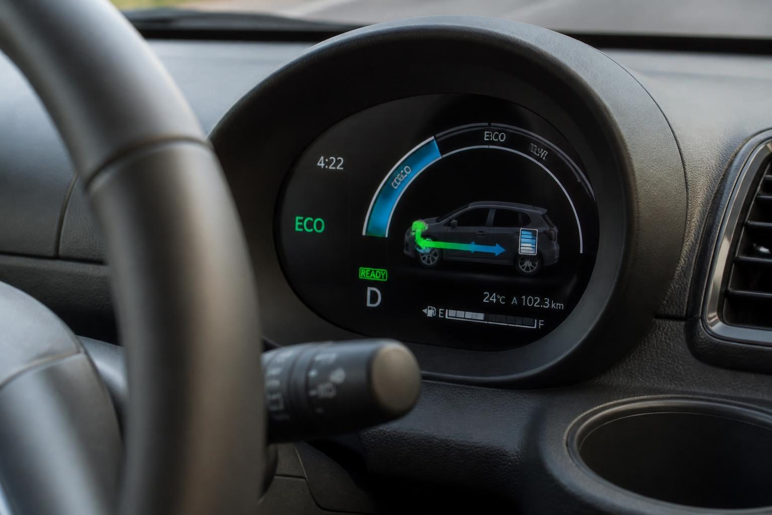 Hybrid car instrument cluster with ECO mode and blue-green energy flow display behind steering wheel.