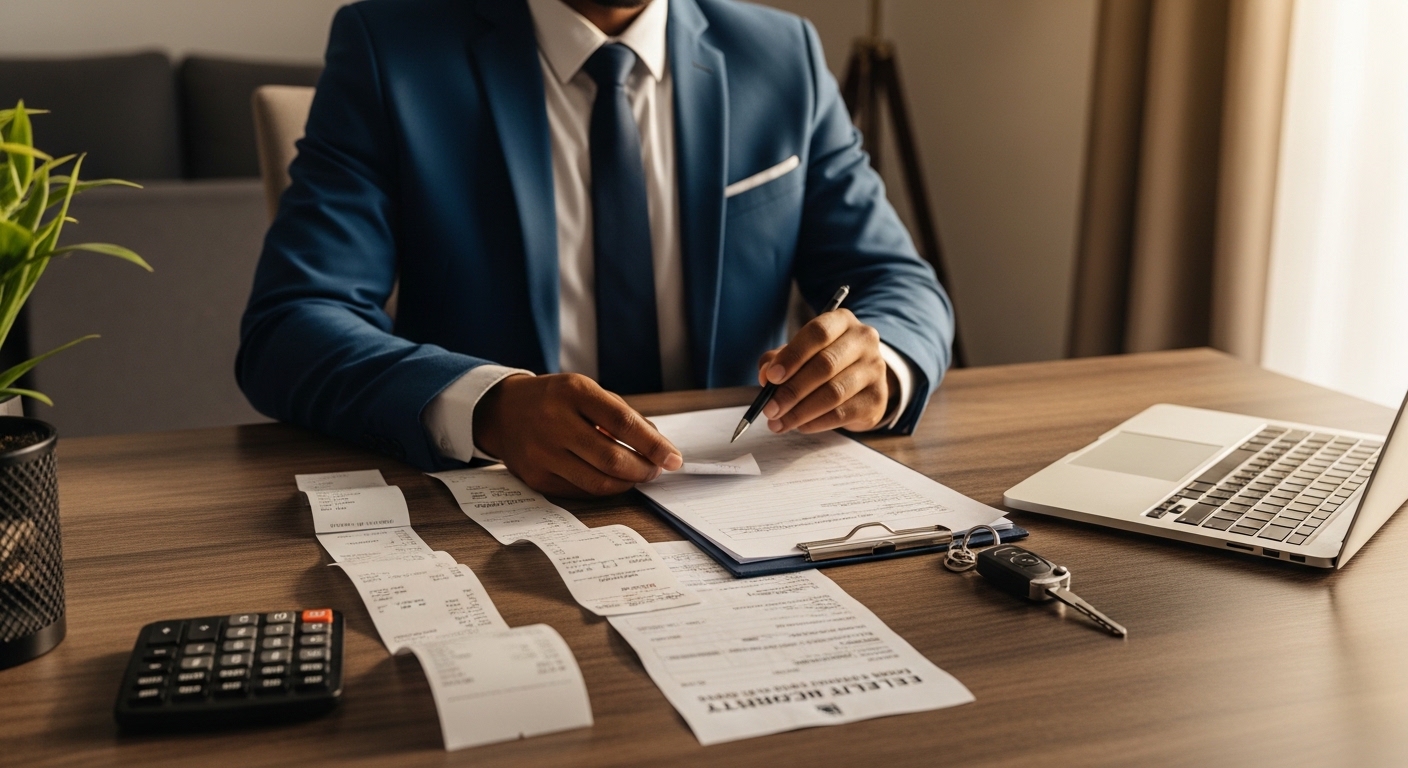 A Malawian car buyer comparing fuel and electricity costs at a home desk