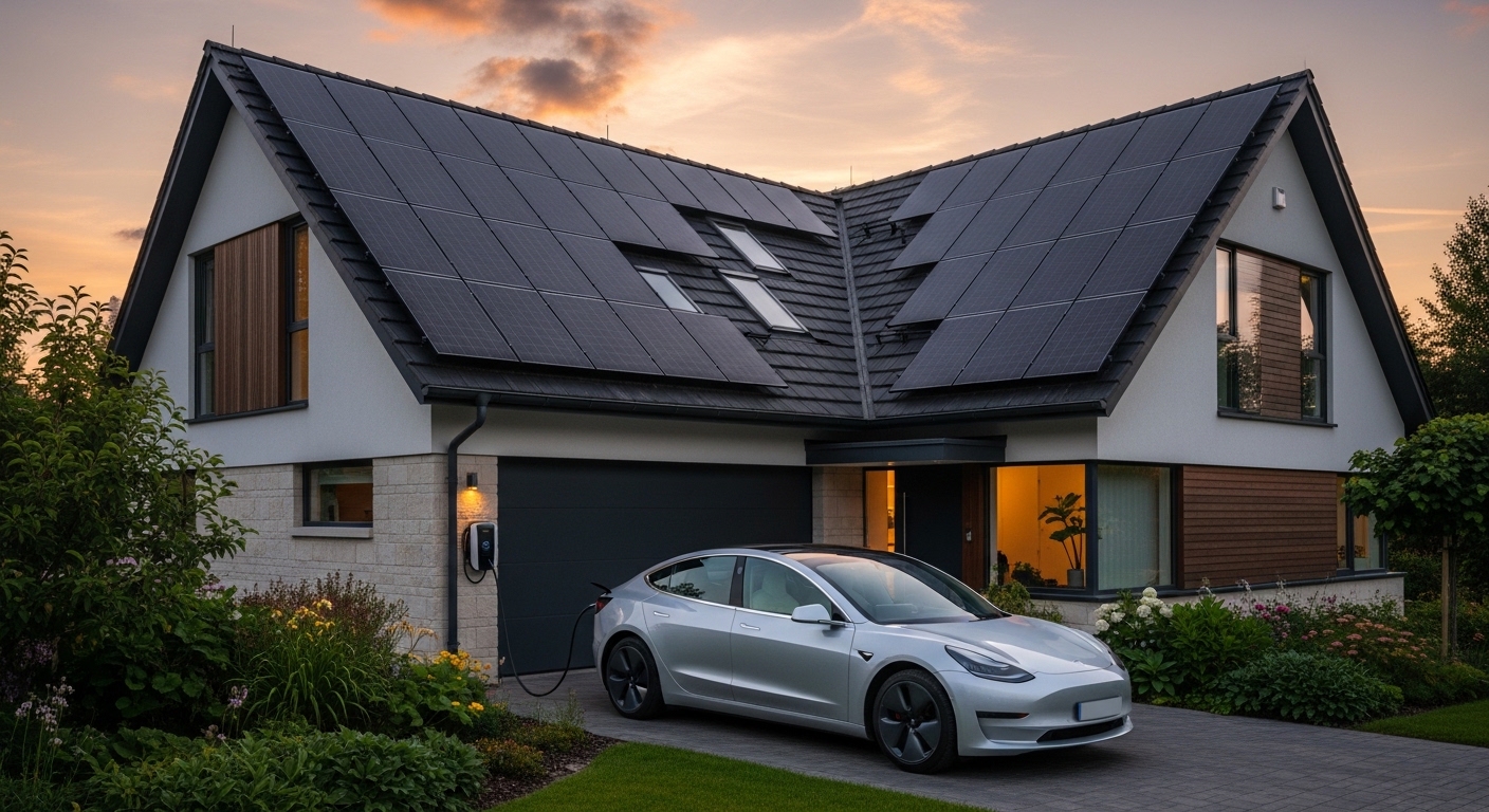 Electric car charging in a driveway beside a modern house with rooftop solar panels at sunset