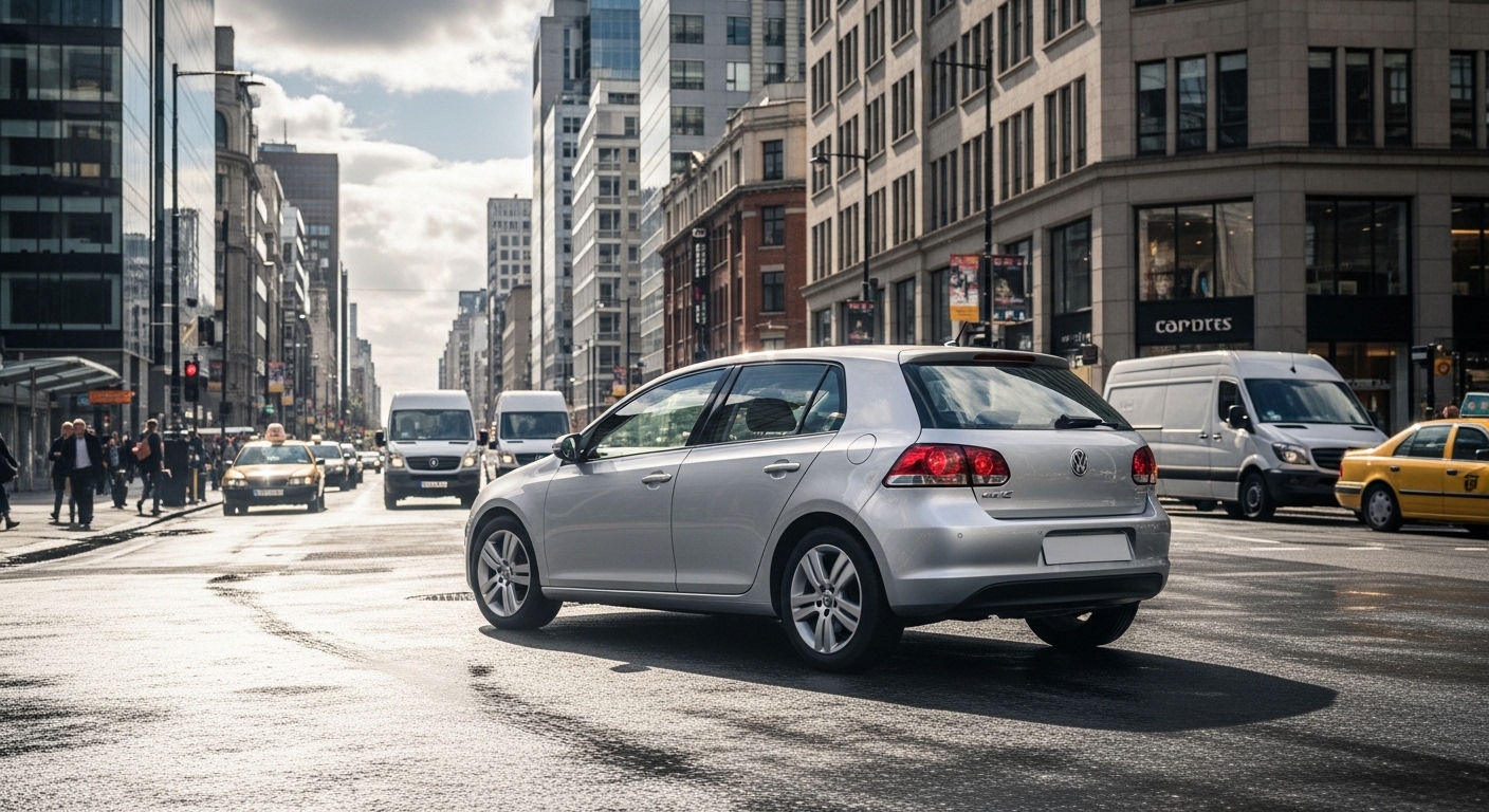 Silver hatchback driving along a wet city street with vans, taxis, and tall buildings