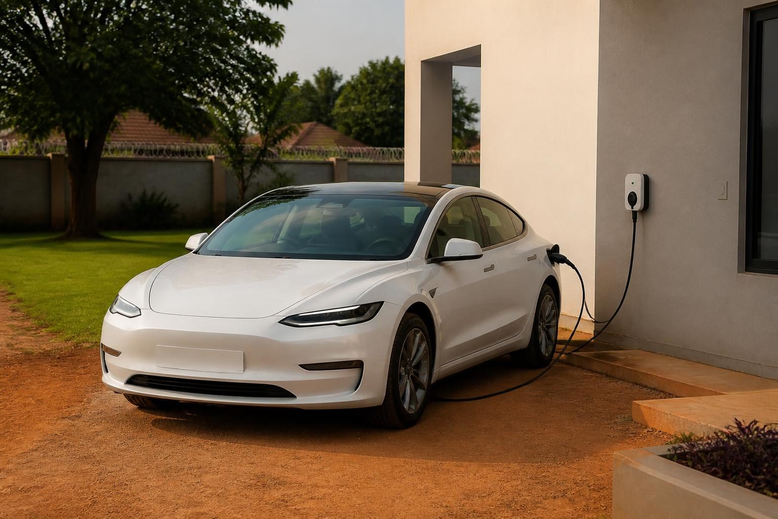 White electric sedan charging from a wall-mounted unit beside a modern home on red earth.
