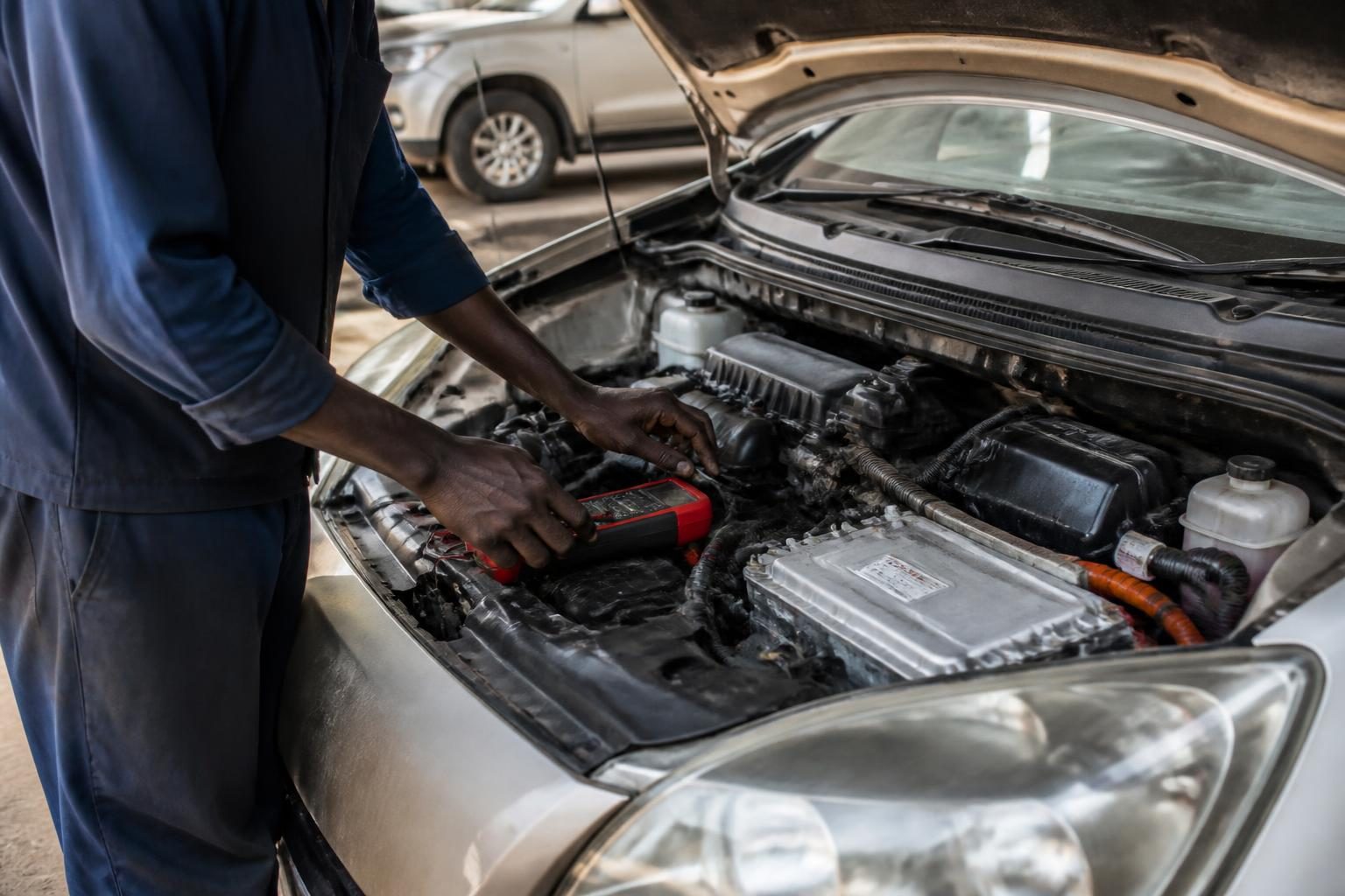 Mechanic using a red diagnostic tool in the open engine bay of a hybrid car.