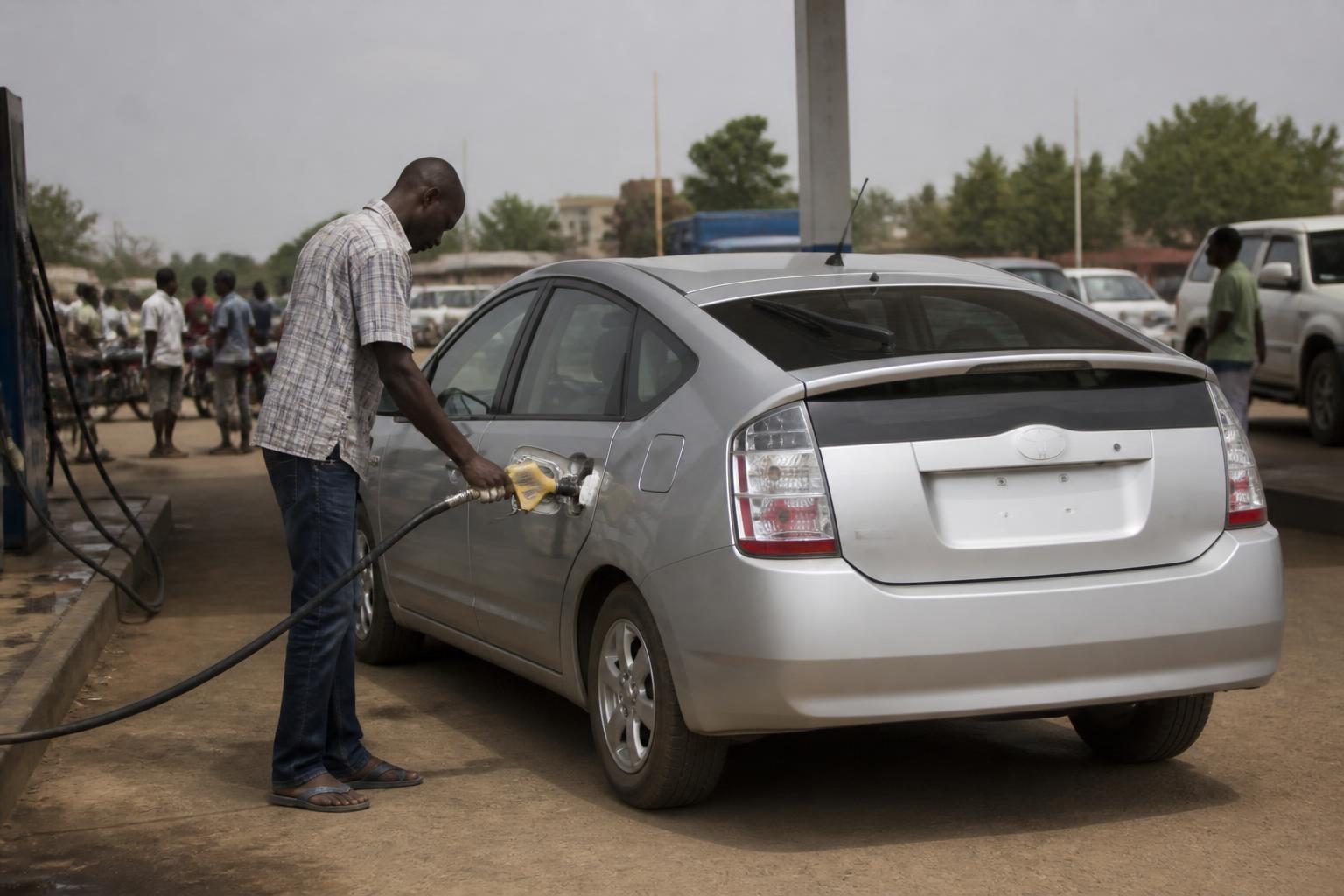 Man refuelling a silver hybrid hatchback at a busy roadside petrol station.