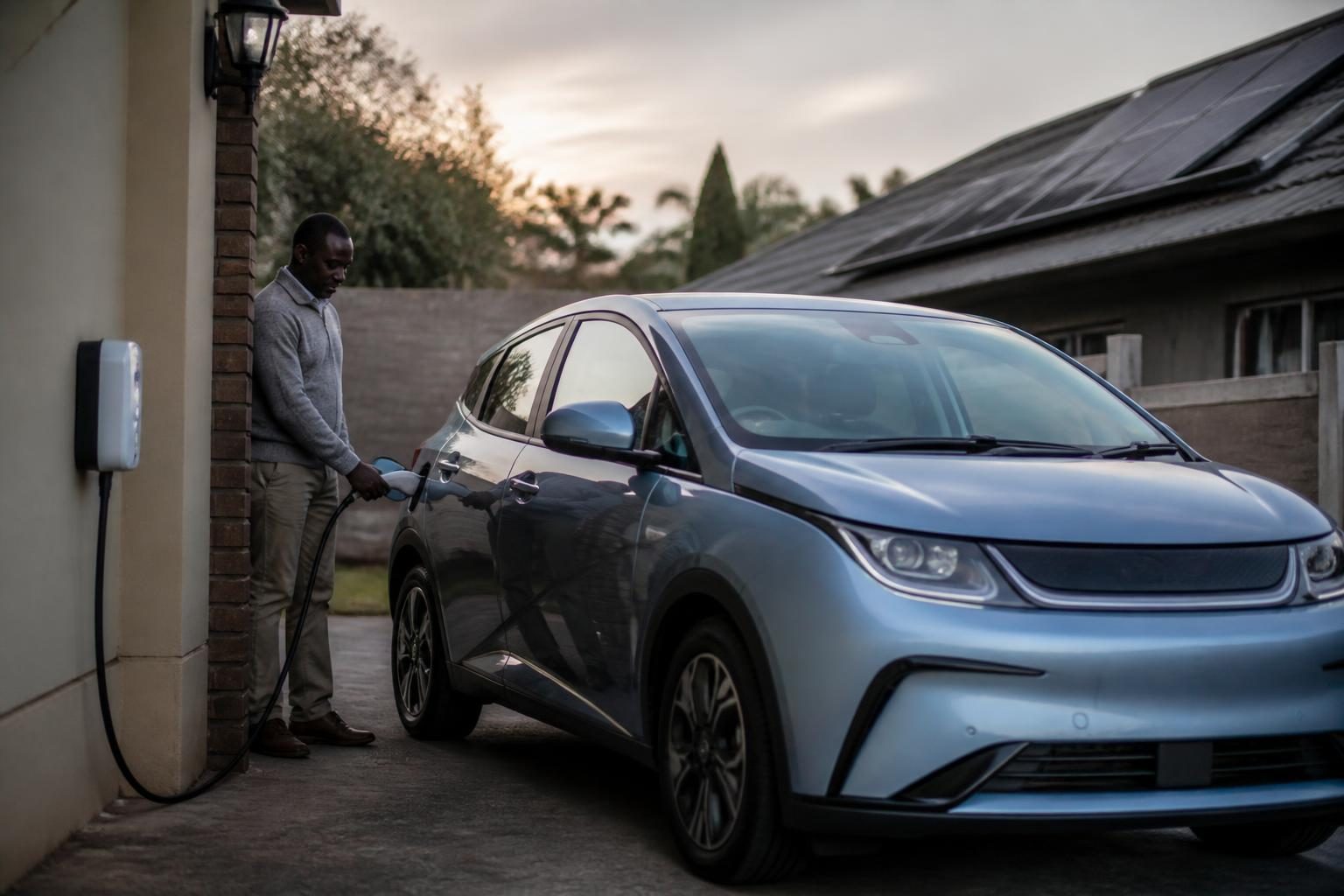 Man plugging a compact electric car into a wall charger beside a home with rooftop solar panels at dusk.