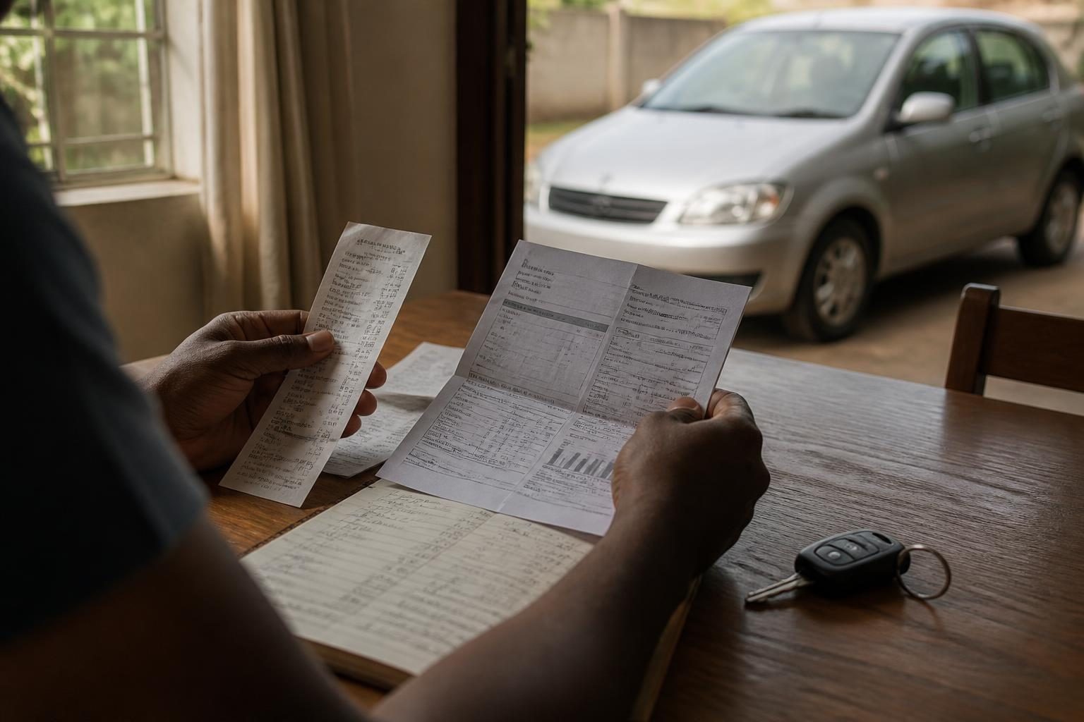 Person holding a receipt and papers at a wooden table beside car keys, with a car outside.