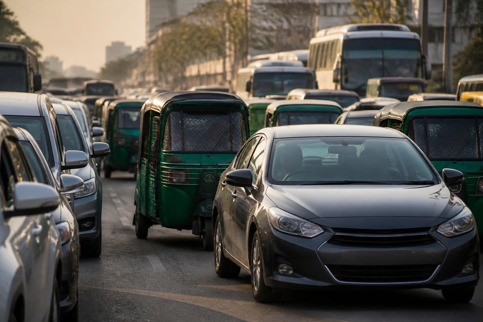 Cars, green auto-rickshaws and buses packed in heavy traffic on a hazy city street.