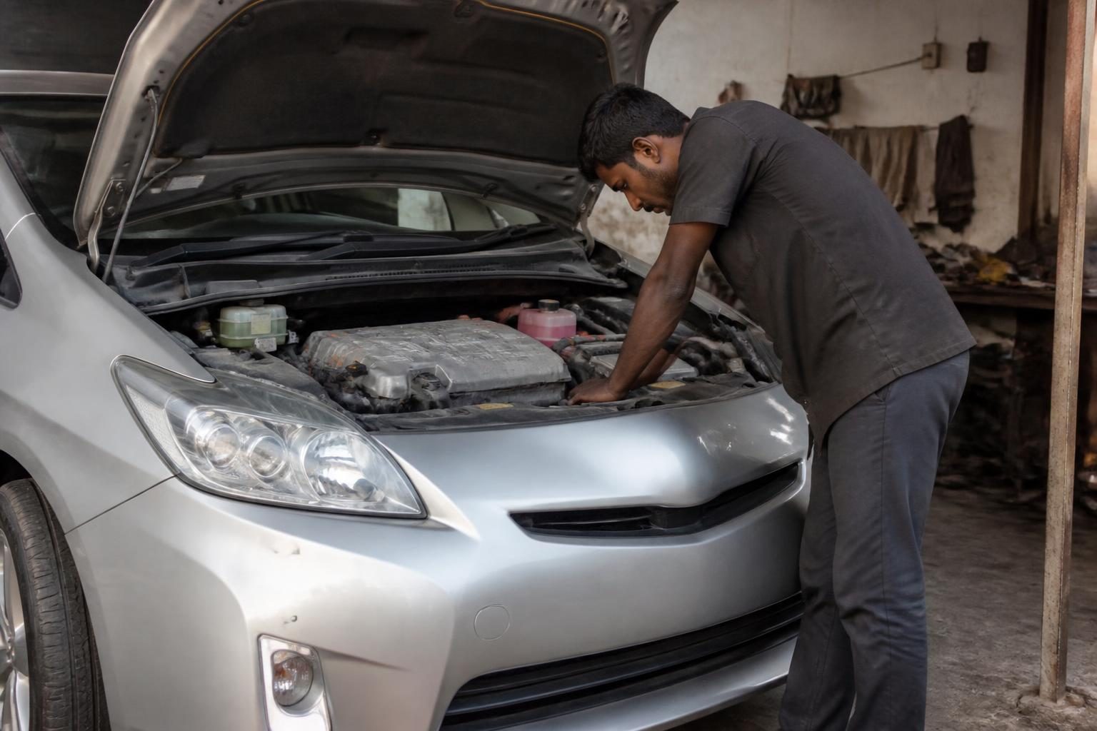 Mechanic working with both hands in the open engine bay of a silver hybrid car.