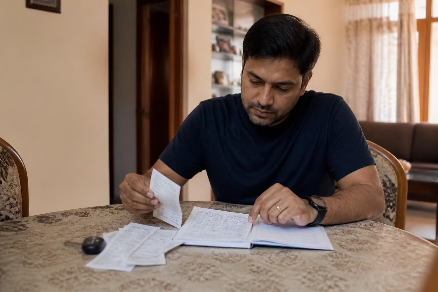 Man reviews receipts and handwritten logbook at a dining table with car keys nearby.