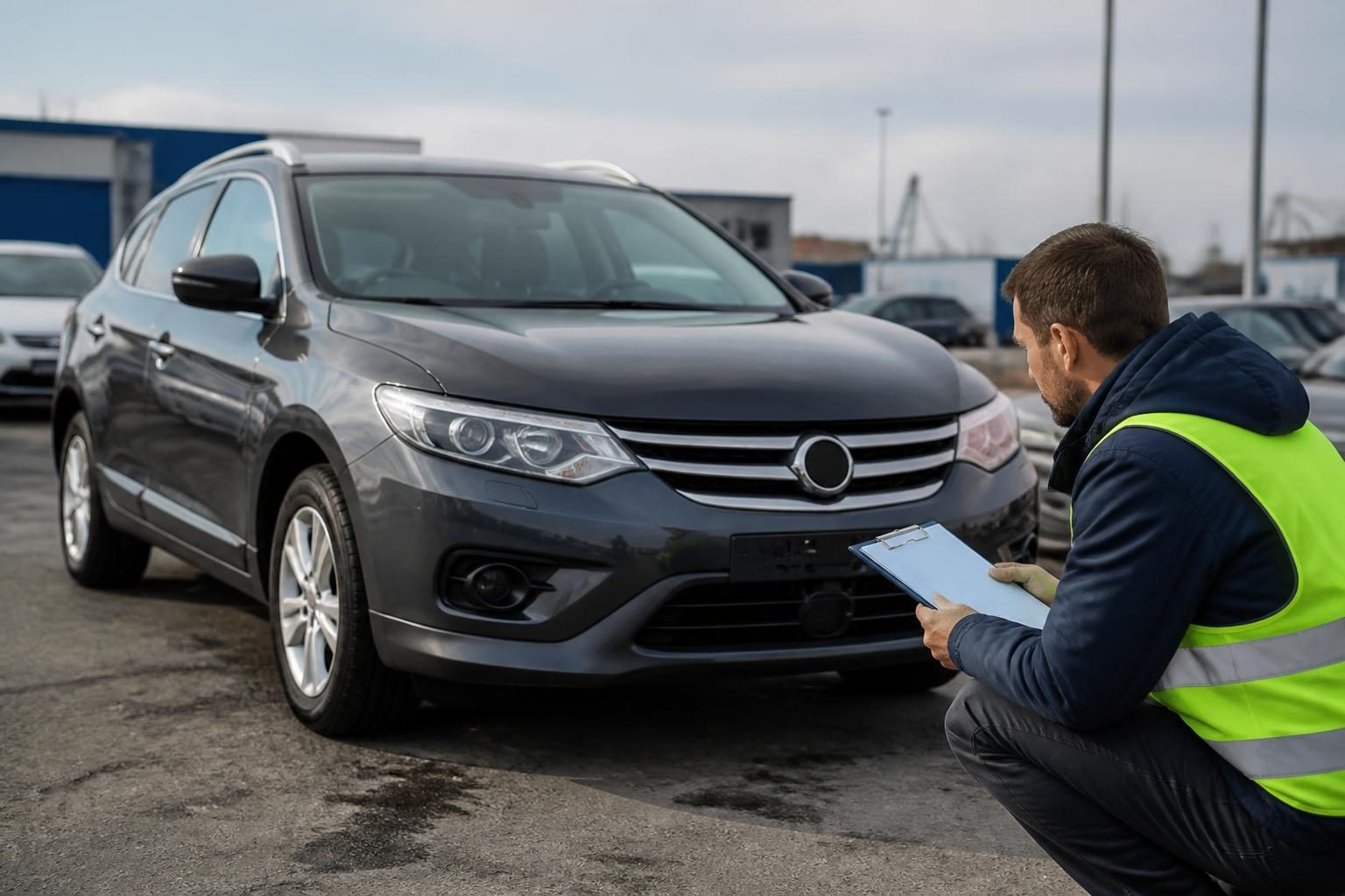 Worker in a high-visibility vest checks a gray SUV while holding a clipboard.