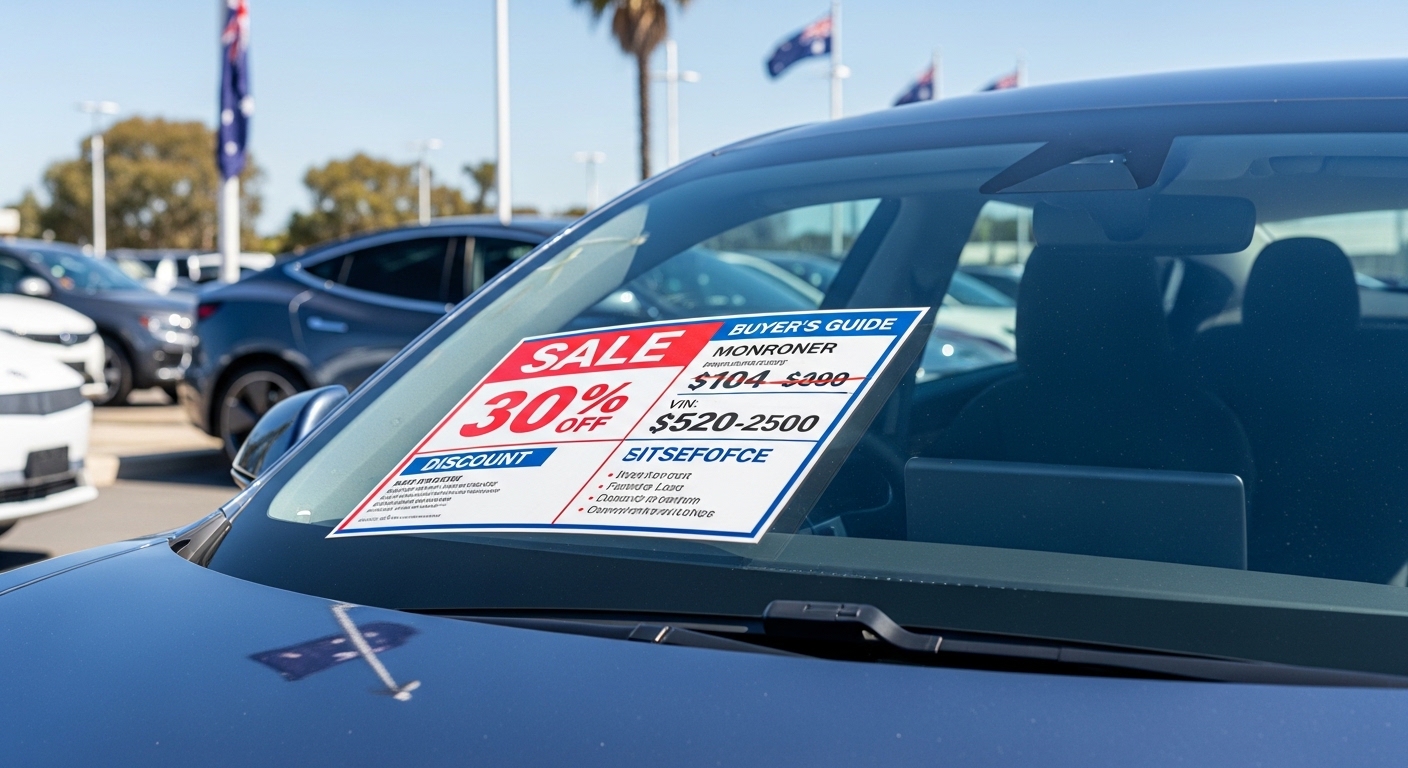 A windscreen price sticker showing a steep discount at an Australian dealership, illustrating first-year EV depreciation