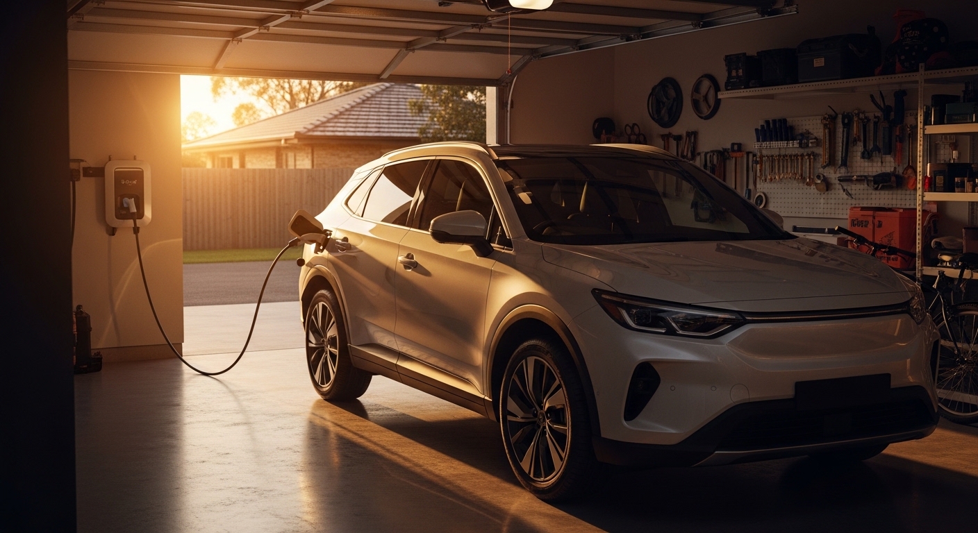 A plug-in hybrid SUV charging from a home wall charger in a suburban Australian garage at dusk