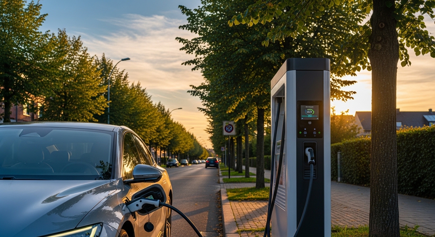 A silver electric car plugged into a public fast-charging station on a quiet street