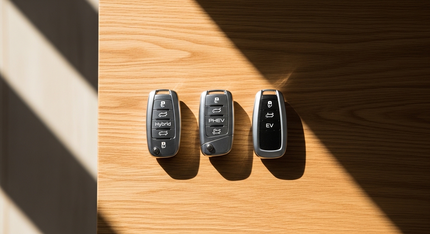 Three car keys labelled Hybrid, PHEV and EV laid out on a timber desk, representing the buyer's choice