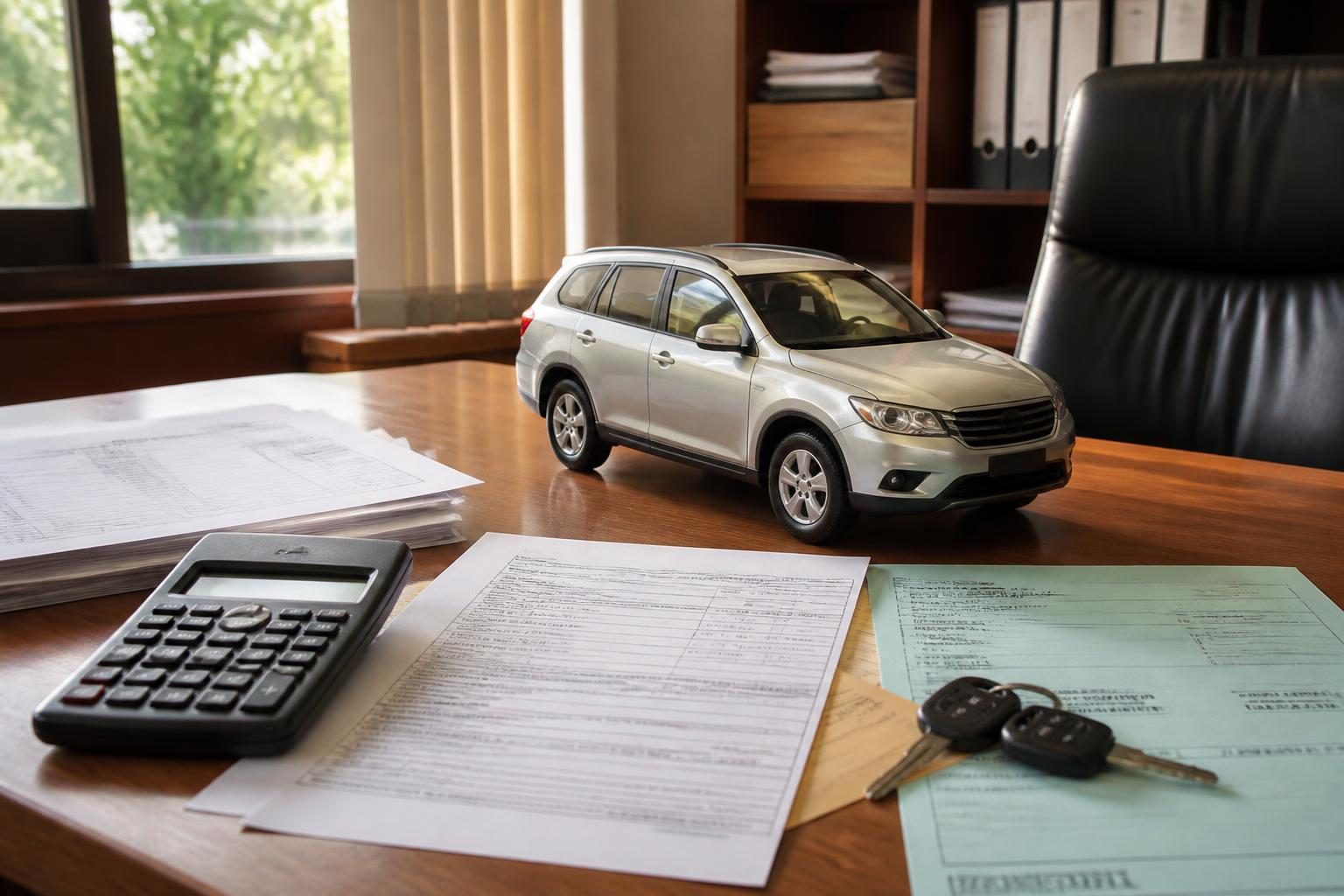 Office desk with calculator, paperwork, car keys, and a small silver SUV model by a window.