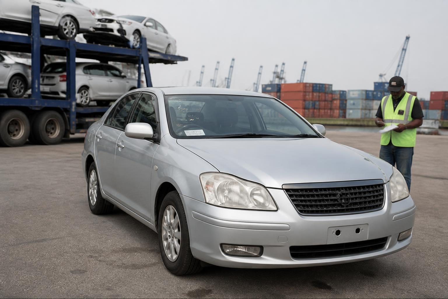 Silver sedan at a container port beside a car carrier truck and worker holding paperwork.