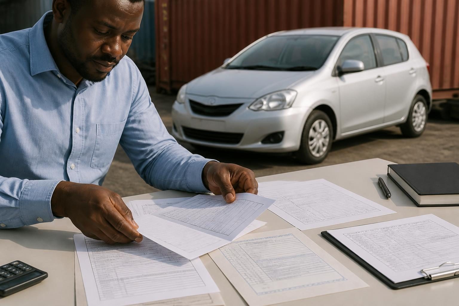 Man sorting paperwork on a desk beside a used silver car and shipping container.