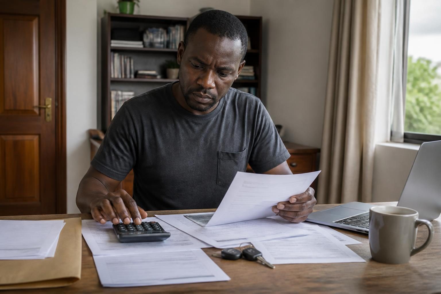 Man reviews paperwork with a calculator and car keys at a desk beside a laptop and mug.