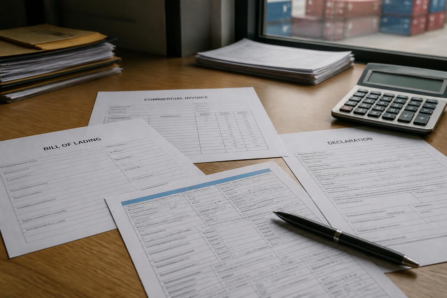 Customs forms, calculator, and pen spread across a wooden desk near a window.