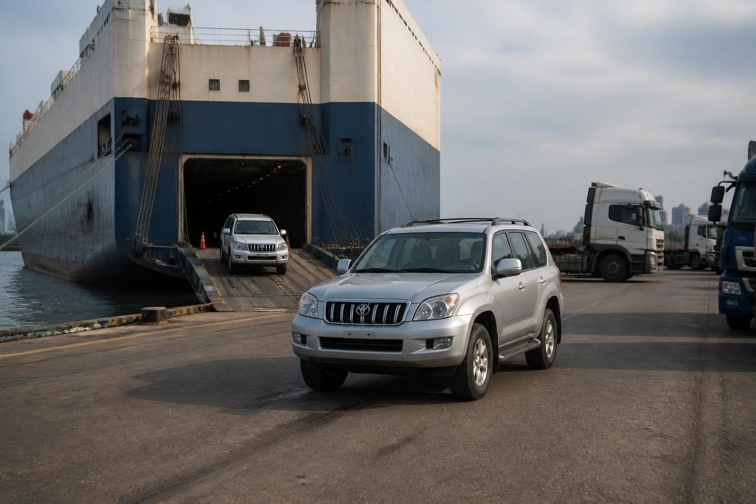 SUV drives off a vehicle carrier ship ramp as freight trucks wait at the port.
