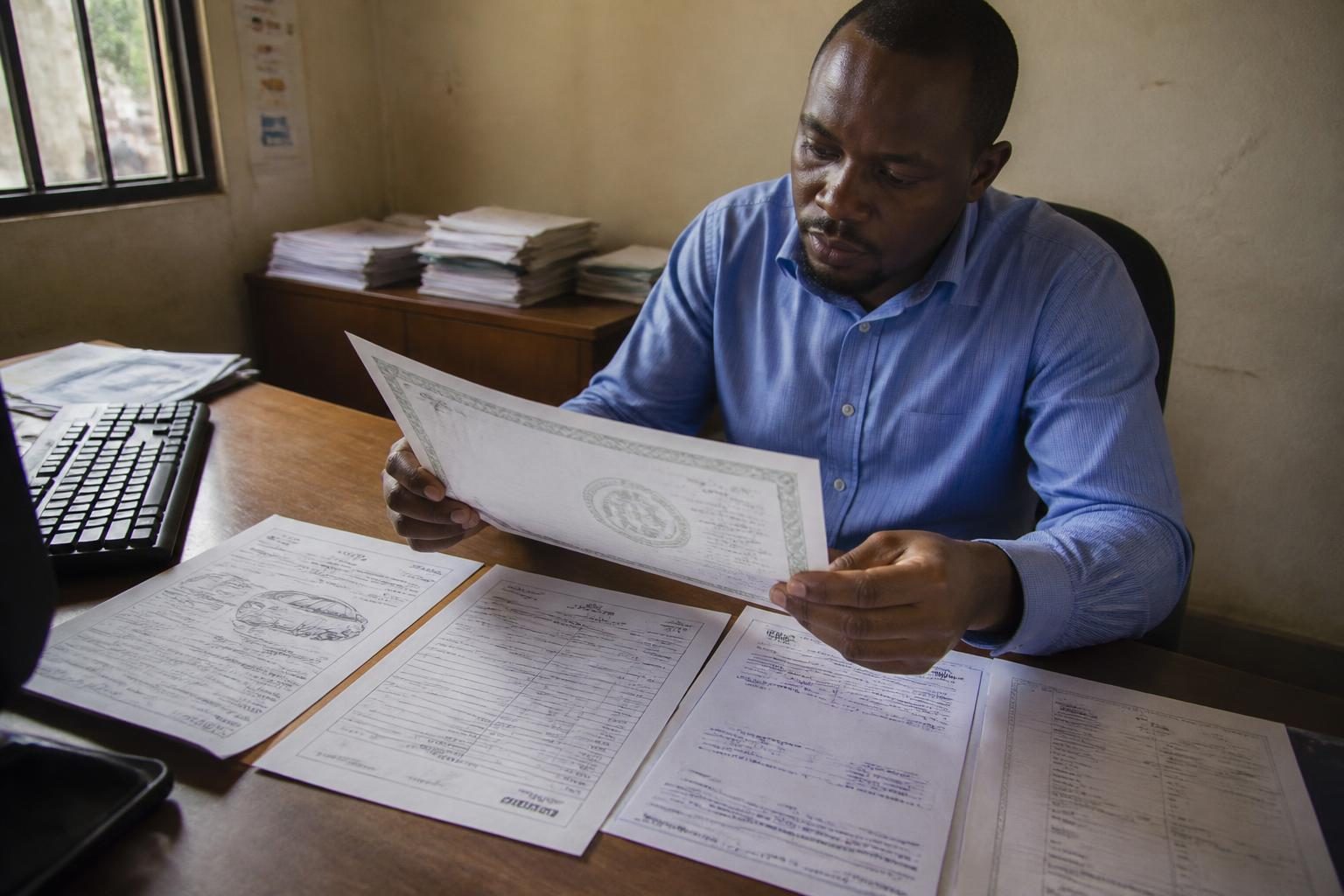 A customs clearing agent checks vehicle import documents before customs clearance.