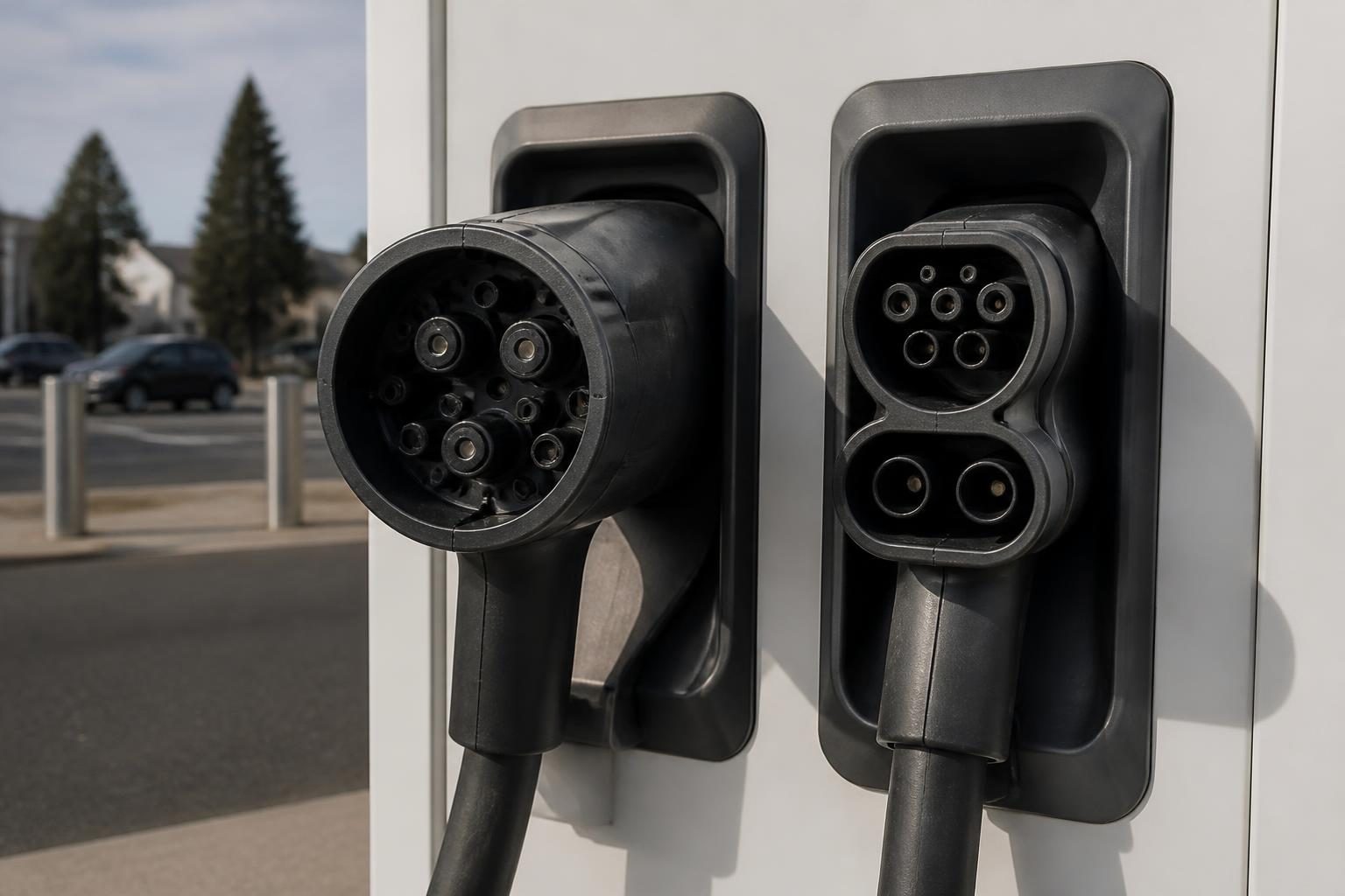 Two EV charging plugs in holsters on a white fast-charging station beside a blurred street.