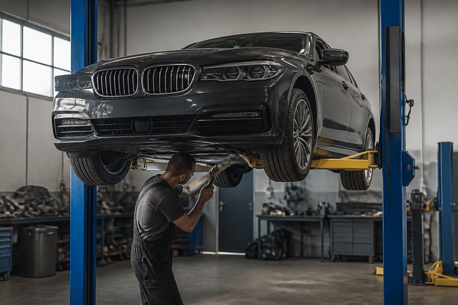 Technician inspects the underside of a dark sedan raised on a blue vehicle lift in a workshop.