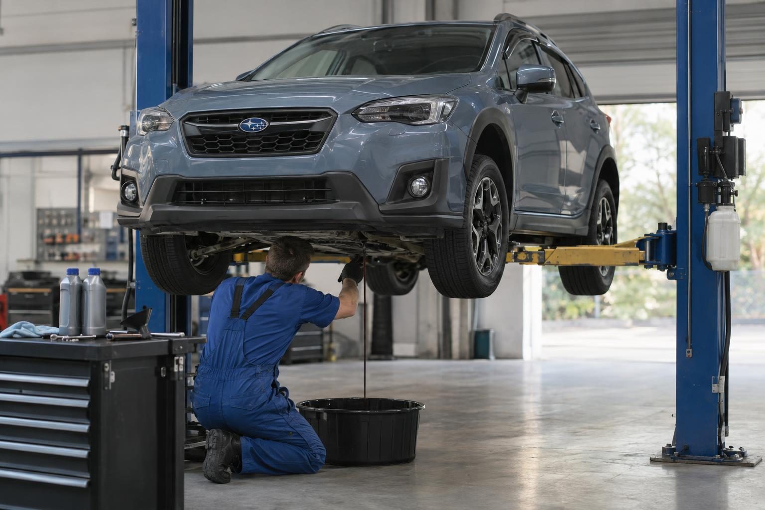 A mechanic works beneath a raised second-generation Subaru XV on a two-post workshop hoist.