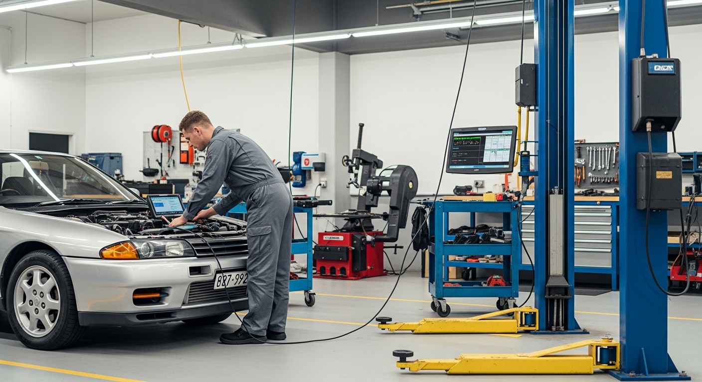 A clean Australian compliance workshop where a technician inspects an imported vehicle.