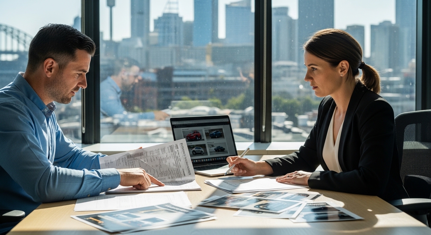 A buyer and an import consultant review Japanese auction sheets, vehicle photos and condition notes at a desk in a Sydney office.
