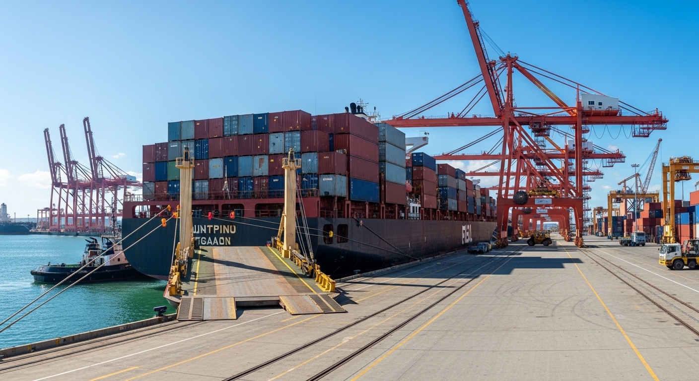 A cargo ship sits at an Australian port before customs and biosecurity clearance begins.