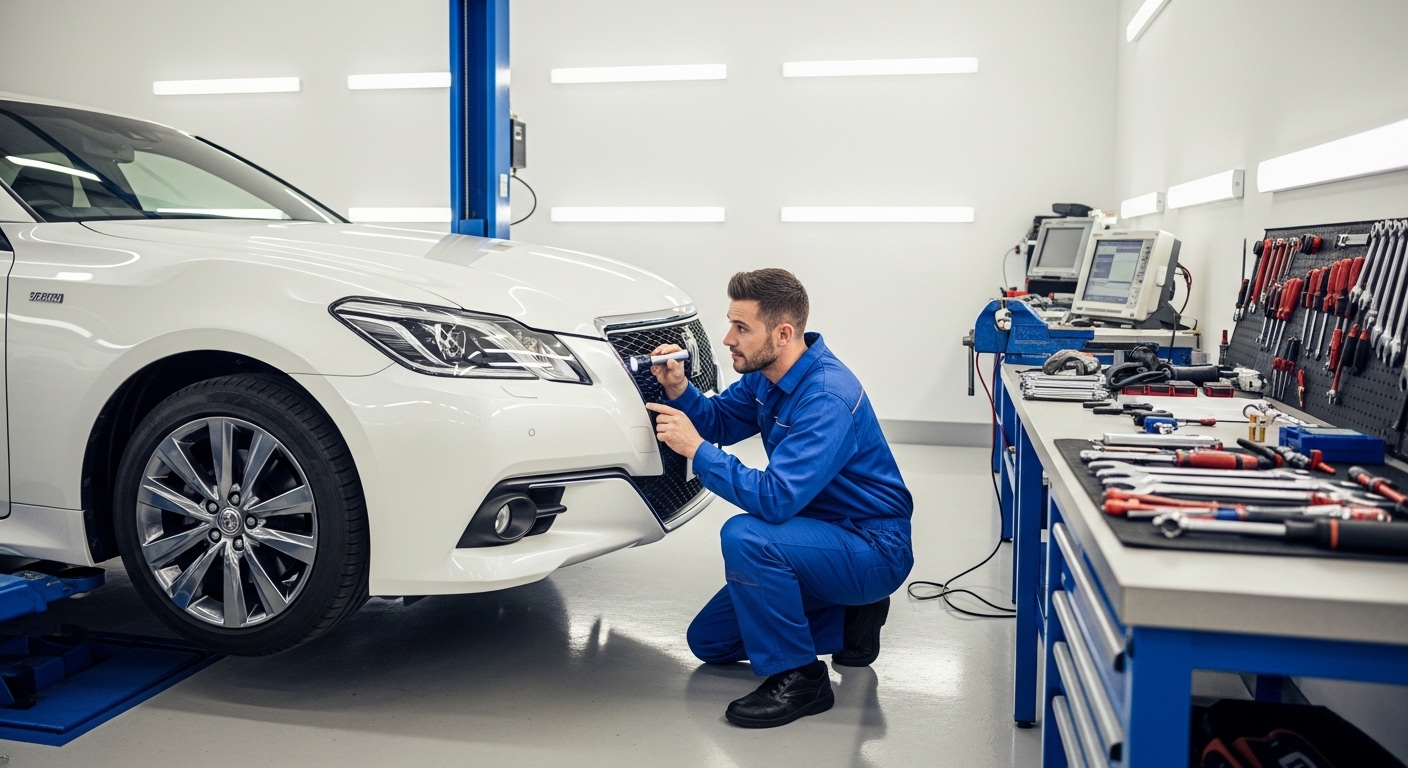 A technician inspects an imported vehicle in an Australian compliance workshop before AVV and RAV steps.