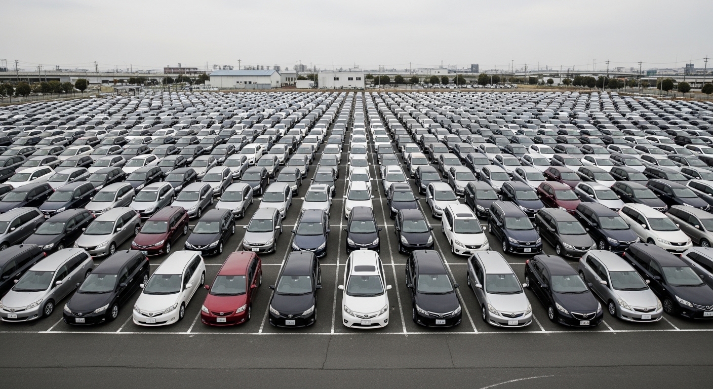 Aerial view of a Japanese car auction staging area showing hundreds of vehicles arranged in organised rows