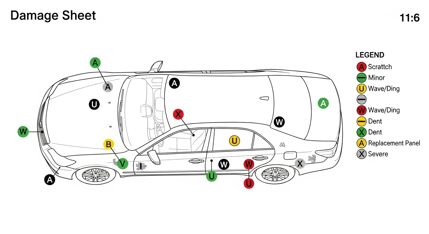 Diagram of a Japanese car auction sheet damage map showing damage symbol positions on a top-down vehicle outline with a symbol legend