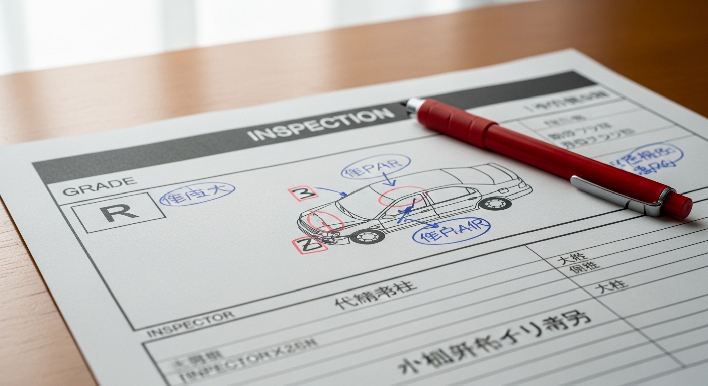 Close-up of a Japanese car auction sheet showing an R grade in the grade box with structural repair markers on the damage diagram