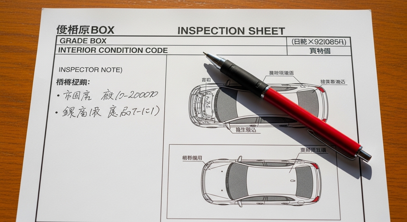 Example Japanese car auction inspection sheet showing the grade box, interior code, damage diagram and inspector handwritten notes
