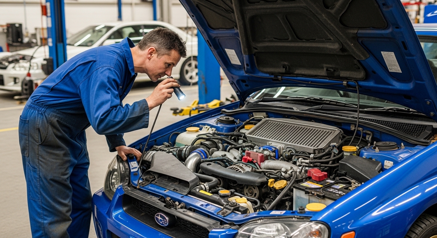 Mechanic performing a pre-purchase vehicle inspection on a Japanese import, examining the engine bay