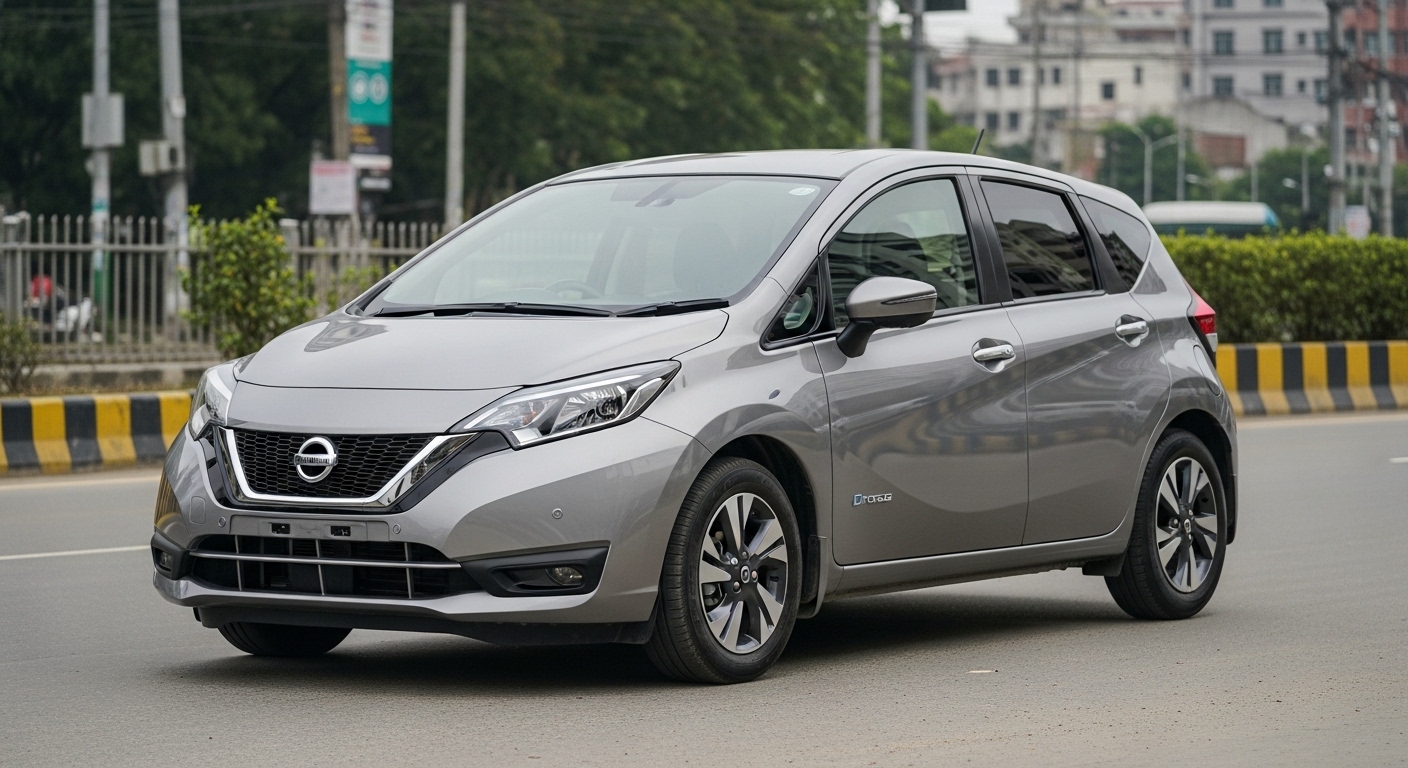 2022 Nissan Note e-POWER — dark blue hatchback showing the E13 generation's sharper front fascia