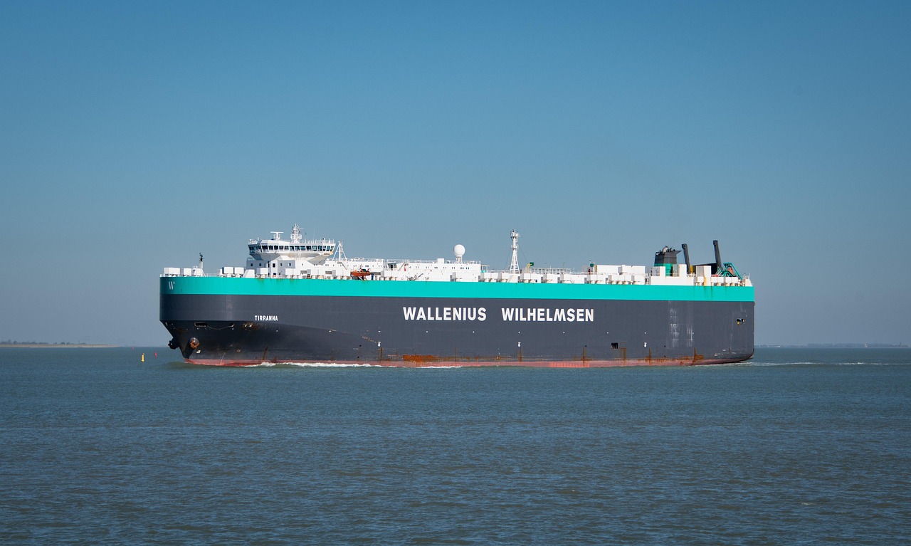 Wallenius Wilhelmsen RoRo car carrier sailing on calm water under a clear blue sky