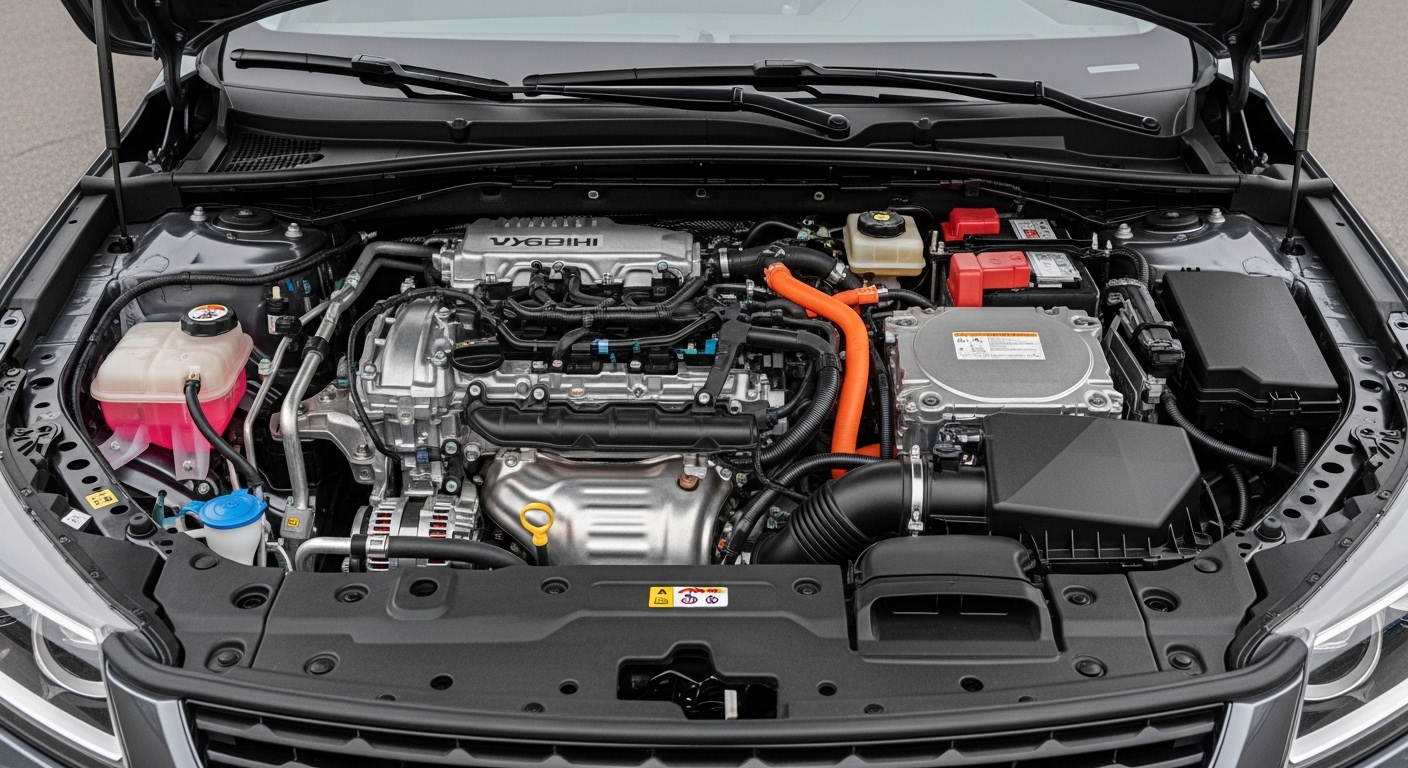 Open car bonnet showing engine bay with petrol engine, orange high-voltage cables, and battery components
