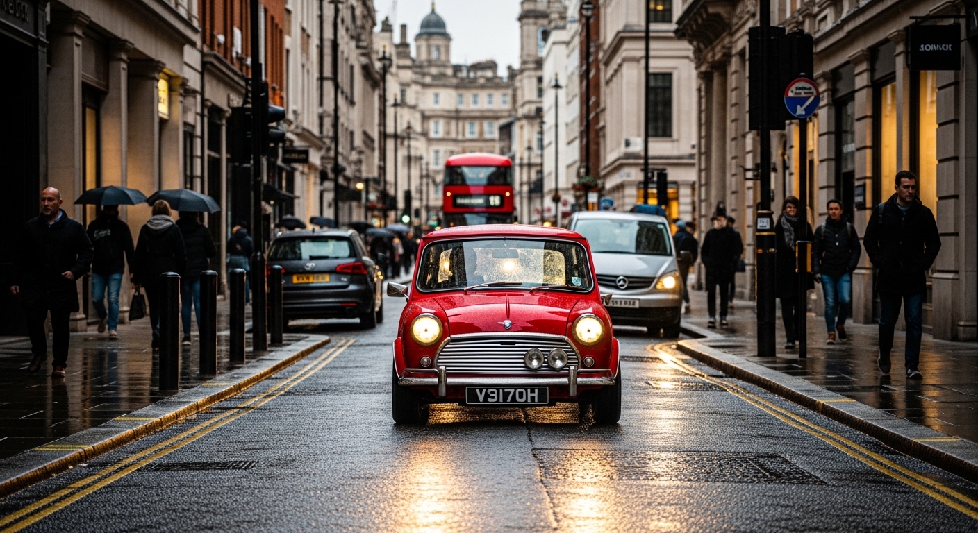 Red classic Mini driving down a wet city street with pedestrians, cars, and a red bus behind